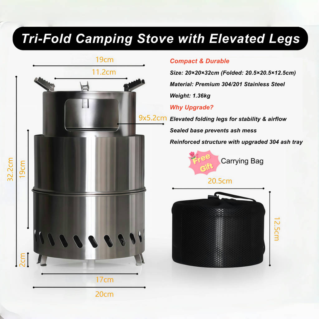 Portable Folding Camping Wood Stove – Easy to Ignite, Smokeless Burning, with Storage Bag