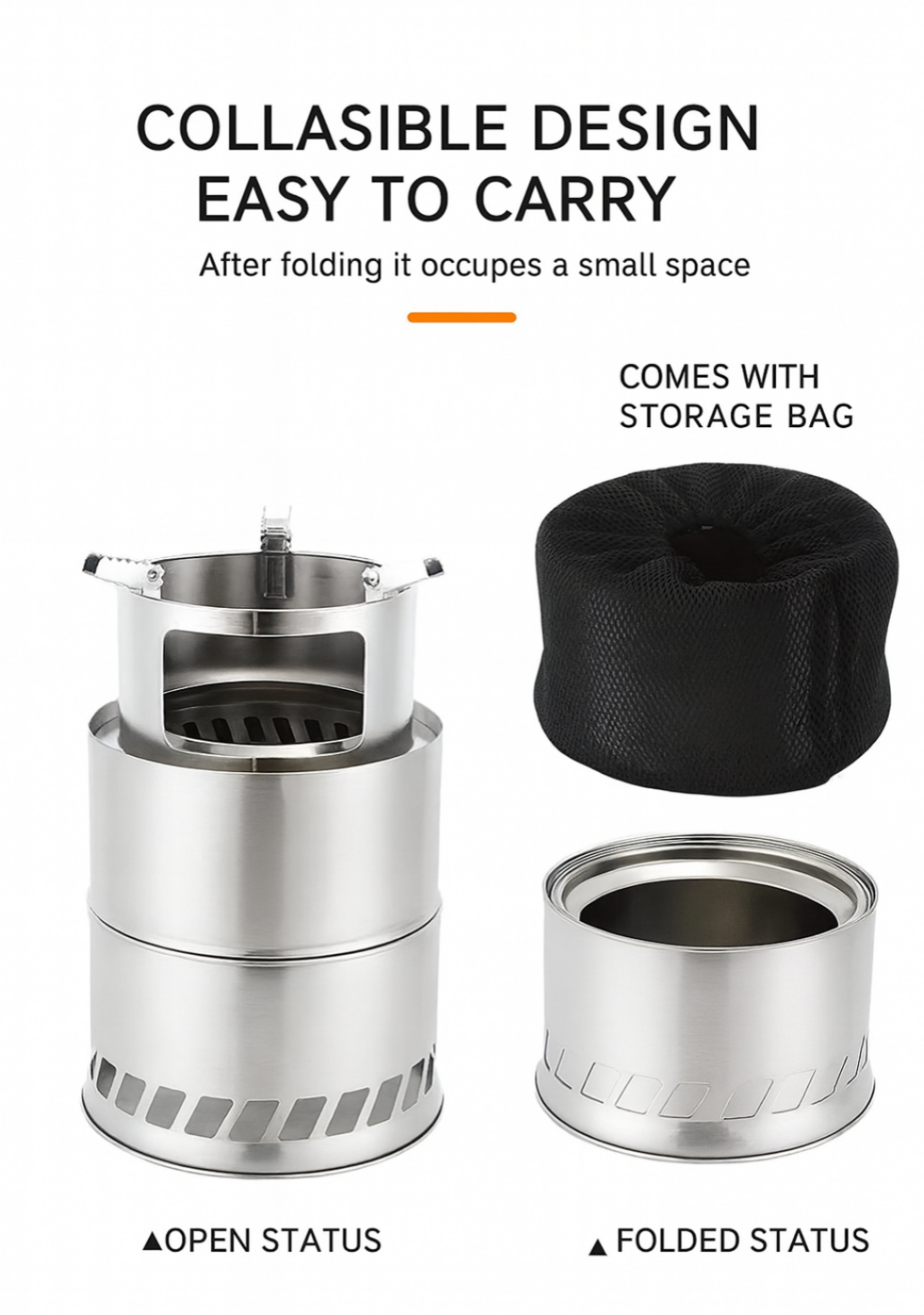 Portable Folding Camping Wood Stove – Easy to Ignite, Smokeless Burning, with Storage Bag