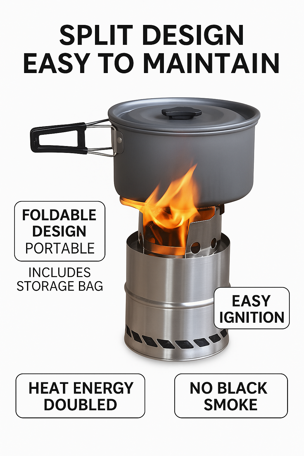 Portable Folding Camping Wood Stove – Easy to Ignite, Smokeless Burning, with Storage Bag