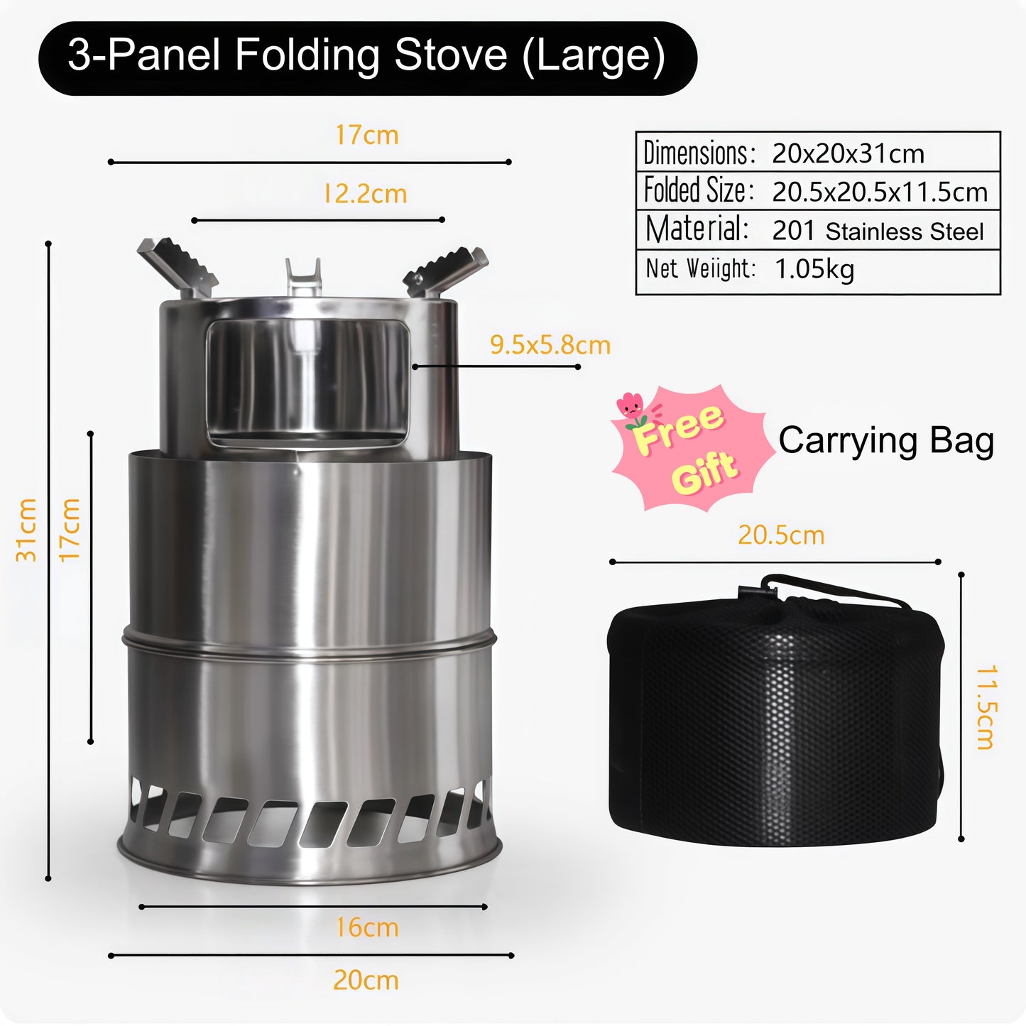 Portable Folding Camping Wood Stove – Easy to Ignite, Smokeless Burning, with Storage Bag