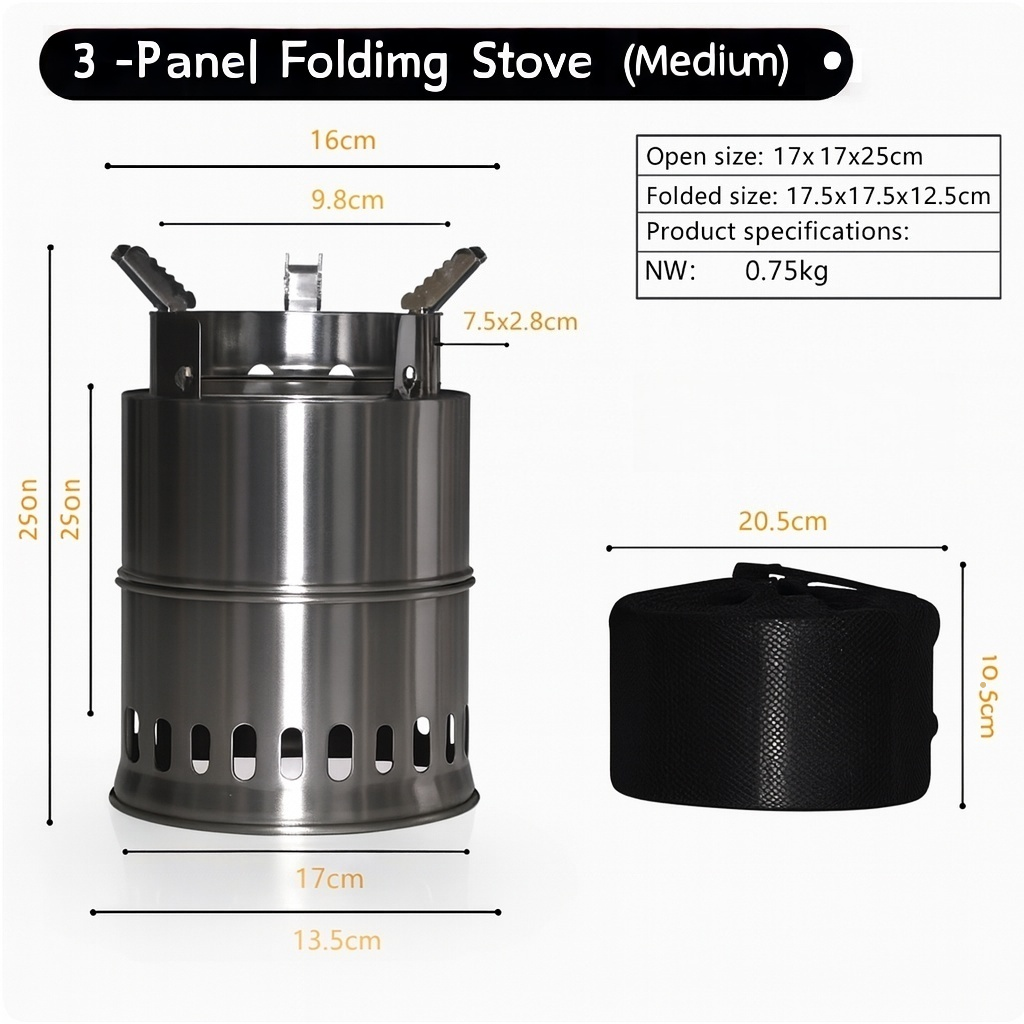 Portable Folding Camping Wood Stove – Easy to Ignite, Smokeless Burning, with Storage Bag